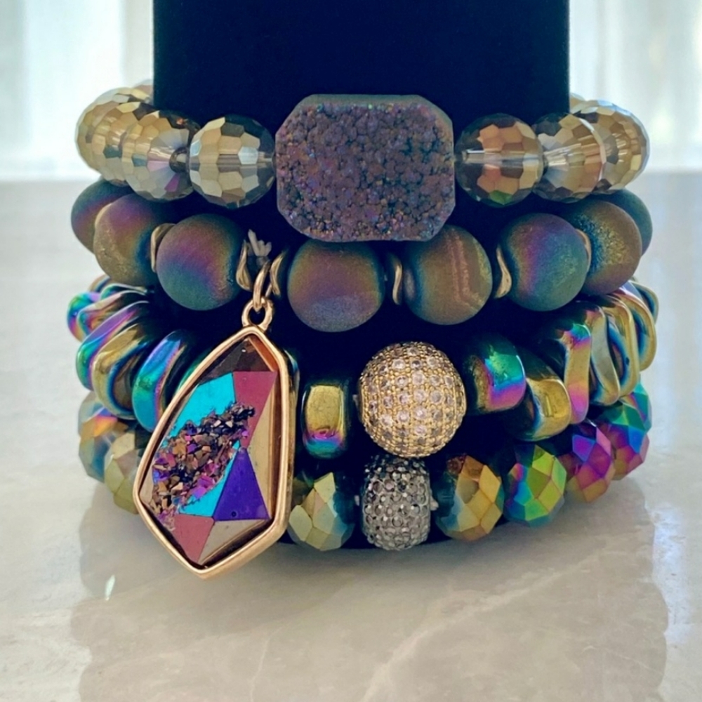 ❤HP! Rainbow Druzy Agate Stackable 4 Bracelet Set - Picture 1 of 5